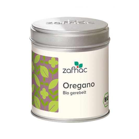 Metalldose mit zafhac Deckel und Aufschrift „Oregano Bio gerebelt“