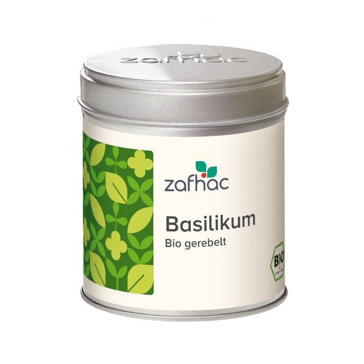 Metalldose mit zafhac Deckel und Aufschrift „Basilikum Bio gerebelt“