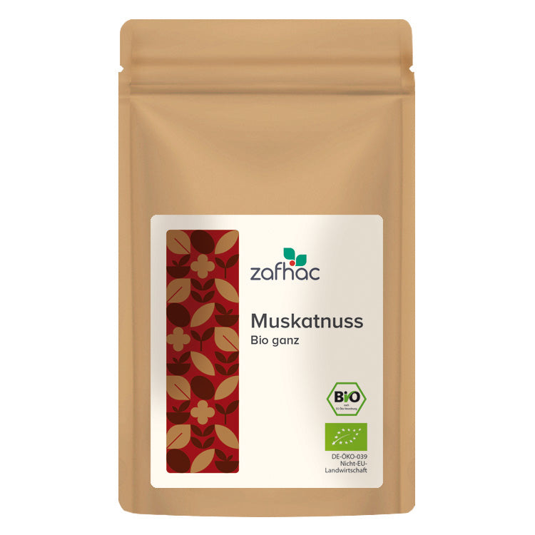 Braune Verpackung mit Aufschrift „Muskatnuss Bio ganz“