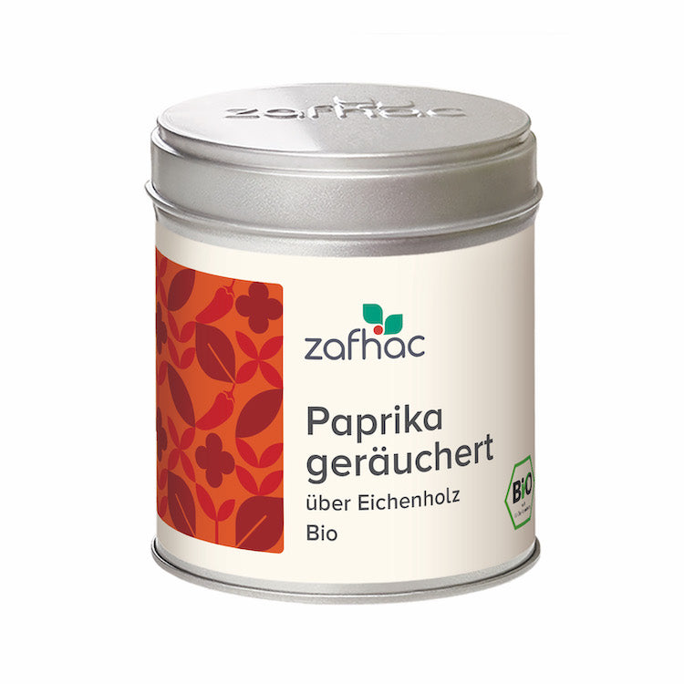 Metalldose mit zafhac Deckel und Aufschrift „Paprika geräuchert über Eichenholz Bio“