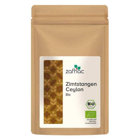 Braune Verpackung mit Aufschrift „Zimtstangen Ceylon Bio“