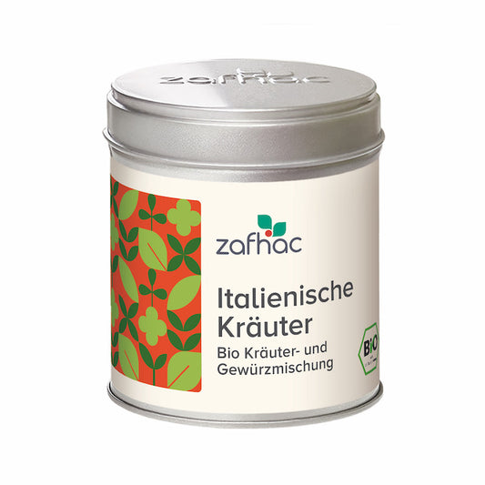 Metalldose mit zafhac Deckel und Aufschrift „Italienische Kräuter Bio Kräuter- und Gewürzmischung“