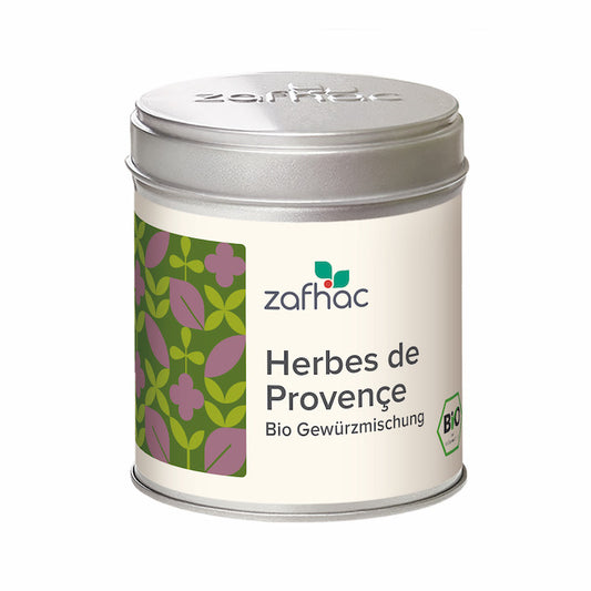 Metalldose mit zafhac Deckel und Aufschrift „Herbes de Provençe Bio Gewürzmischung“