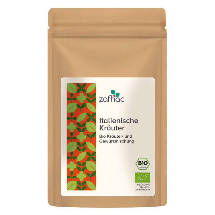 Braune Verpackung mit Aufschrift „Italienische Kräuter Bio Kräuter- und Gewürzmischung“