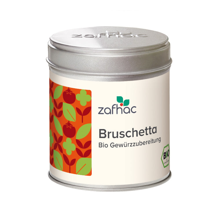 Metalldose mit zafhac Deckel und Aufschrift „Bruschetta Bio Gewürzzubereitung“