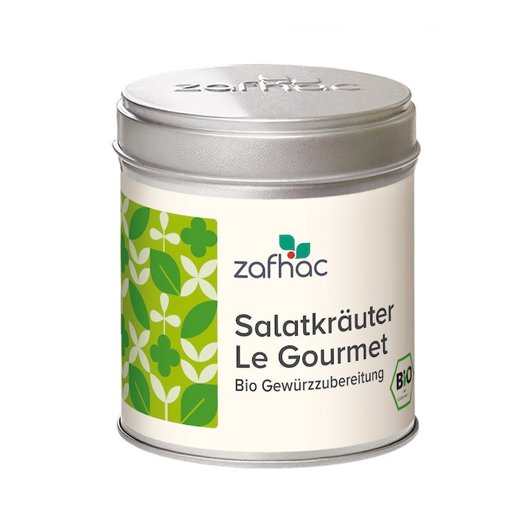 Metalldose mit zafhac Deckel und Aufschrift „Salatkräuter Le Gourmet Bio Gewürzzubereitung“