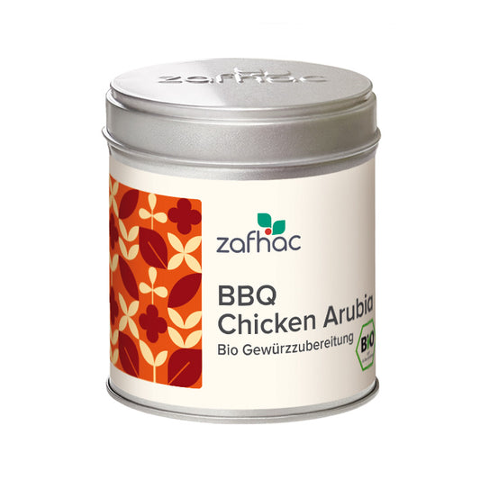 Metalldose mit zafhac Deckel und Aufschrift „BBQ Chicken Arubia Bio Gewürzzubereitung“