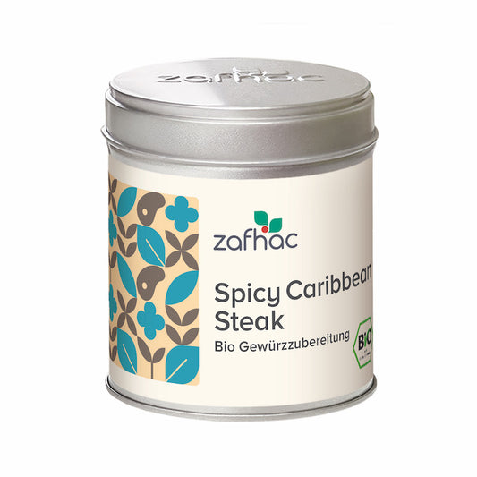 Metalldose mit zafhac Deckel und Aufschrift „Spicy Caribbean Steak Bio Gewürzzubereitung“