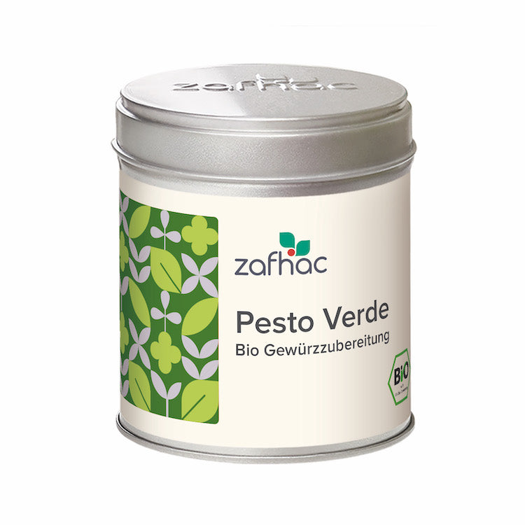 Metalldose mit zafhac Deckel und Aufschrift „Pesto Verde Bio Gewürzzubereitung“