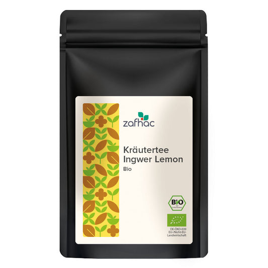 Schwarze Verpackung mit Aufschrift „Kräutertee Ingwer Lemon Bio“