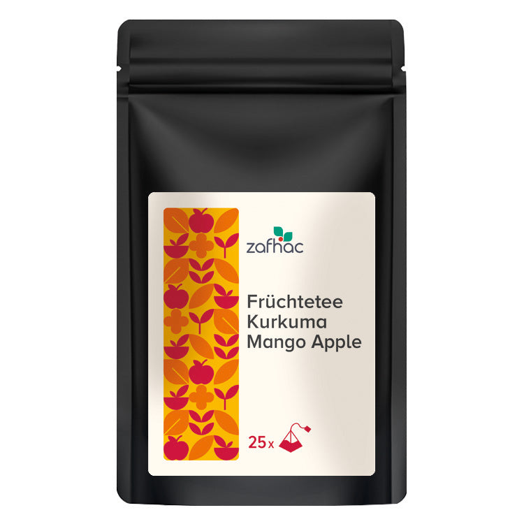 Schwarze Verpackung mit Aufschrift „Früchtetee Kurkuma Mango Apple“