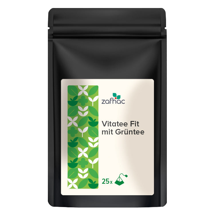 Schwarze Verpackung mit Aufschrift „Vitatee Fit mit Grüntee“