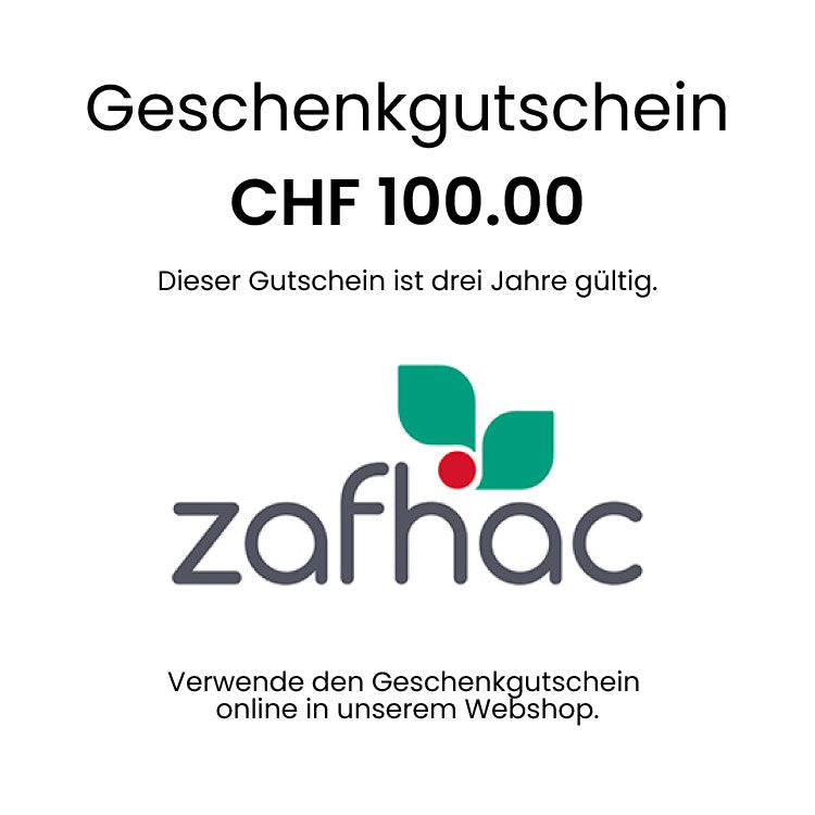 Bild eines Geschenkgutscheins von zafhac in der Höhe von CHF 100. Der Gutschein ist weiß mit schwarzer Schrift und zeigt das zafhac Logo.