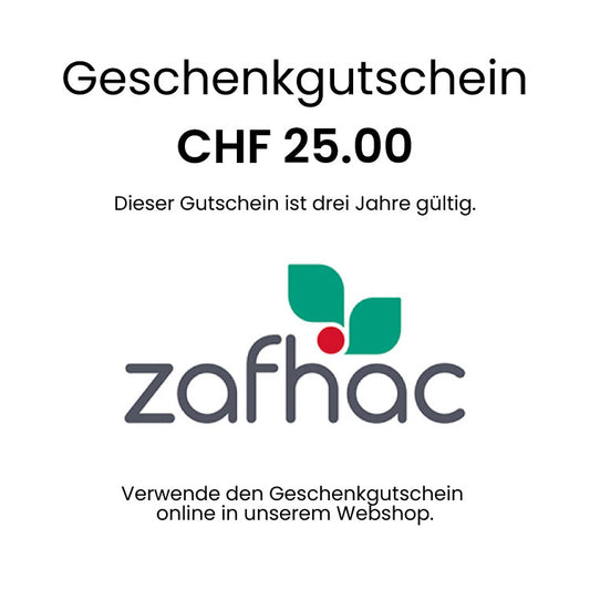 Bild eines Geschenkgutscheins von zafhac in der Höhe von CHF 25. Der Gutschein ist weiß mit schwarzer Schrift und zeigt das zafhac Logo.