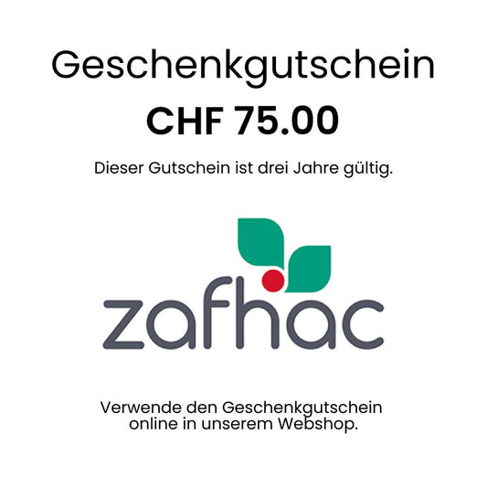 Bild eines Geschenkgutscheins von zafhac in der Höhe von CHF 75. Der Gutschein ist weiß mit schwarzer Schrift und zeigt das zafhac Logo.