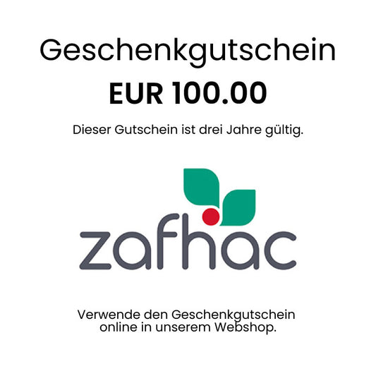 Bild eines Geschenkgutscheins von zafhac in der Höhe von EUR 100. Der Gutschein ist weiß mit schwarzer Schrift und zeigt das zafhac Logo.